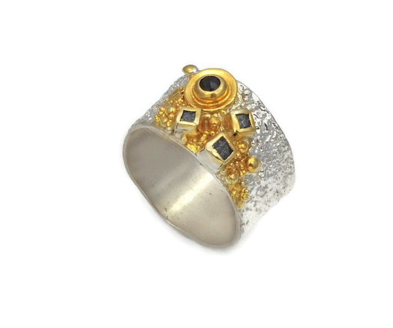Ring Silber und vergoldet mit Rohdiamanten
