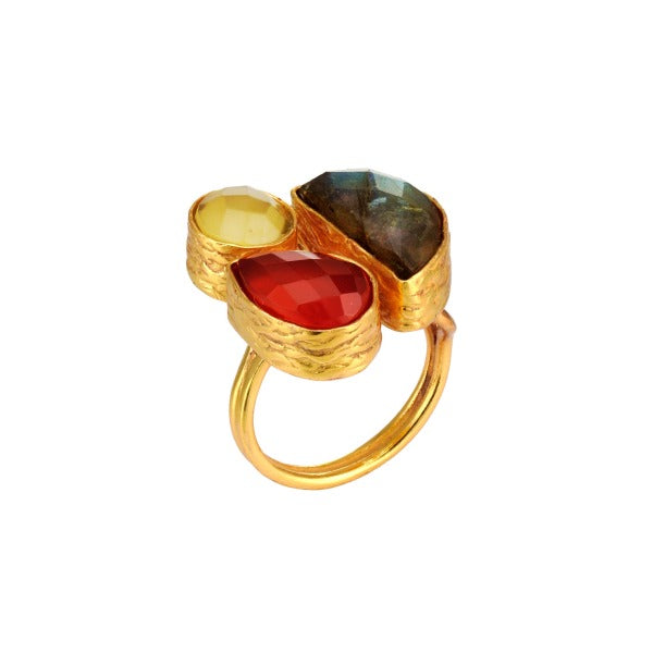 Ring aus Messing, vergoldet, Labradorit, weiße/rote Onyxe