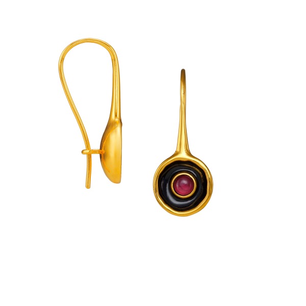 Ohrring aus Messing, vergoldet, Emaille, roter Quartz