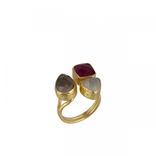 Ring aus Messing, vergoldet, Chalcedon, Rubin, Rauchquarz