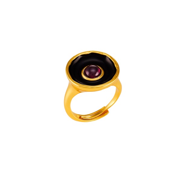 Ring aus Messing, vergoldet, Emaille, roter Quartz