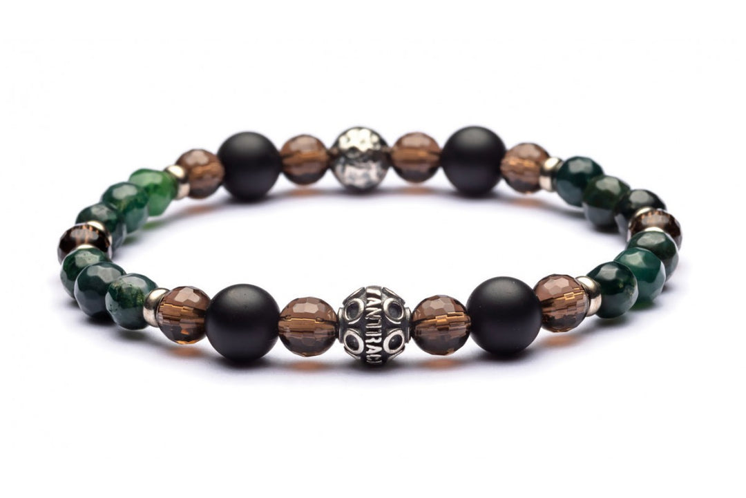 Bill - Classic Armband 8 mm Kugeln - 925er Silber Moosachat, schwarzer Achat mat