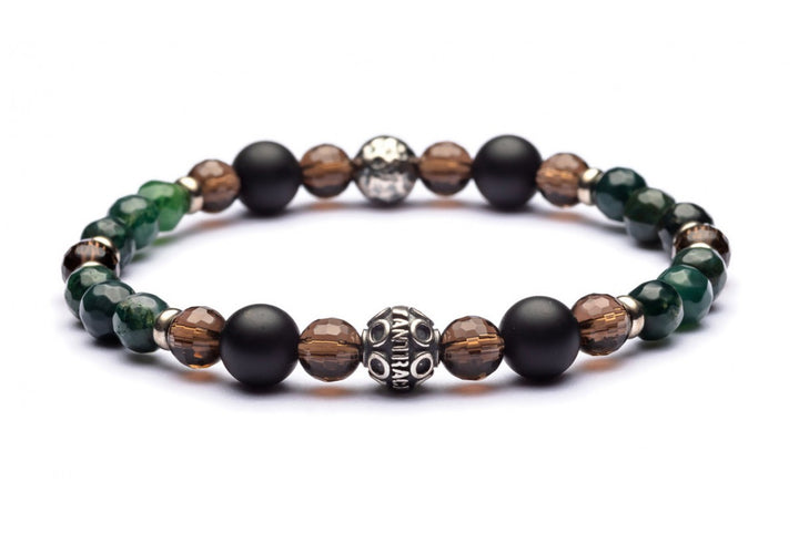 Bill - Classic Armband 8 mm Kugeln - 925er Silber Moosachat, schwarzer Achat mat