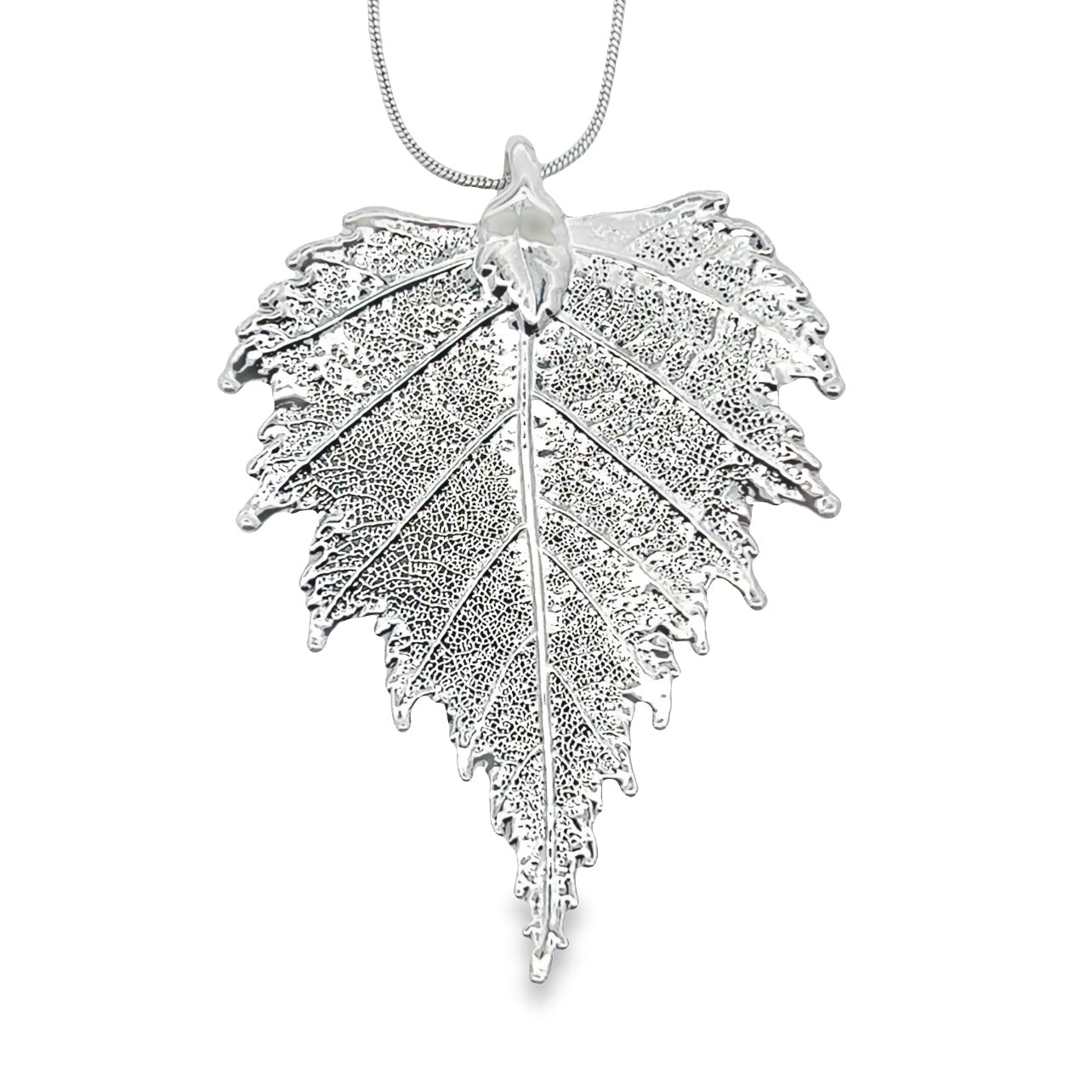 Birkenblatt Anhänger, Echtblatt mit Kette, rhodiniert