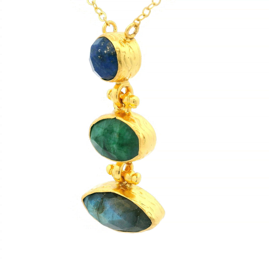 Kette Messing vergoldet Labradorit, Smaragd, Lapislazuli