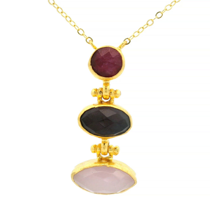 Kette Messing vergoldet, Rubin, Amethyst und  Rosenquarz