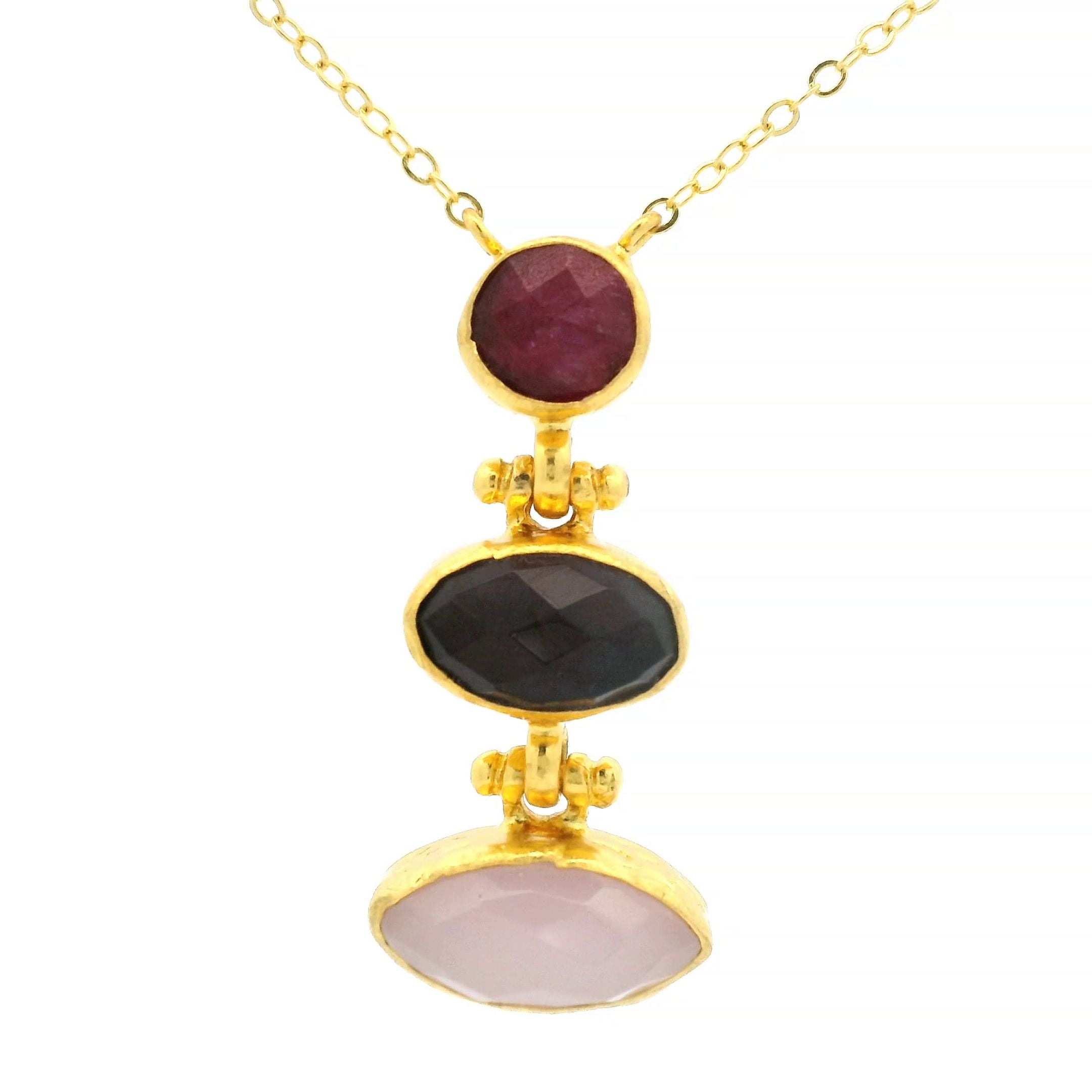 Kette Messing vergoldet, Rubin, Amethyst und Rosenquarz