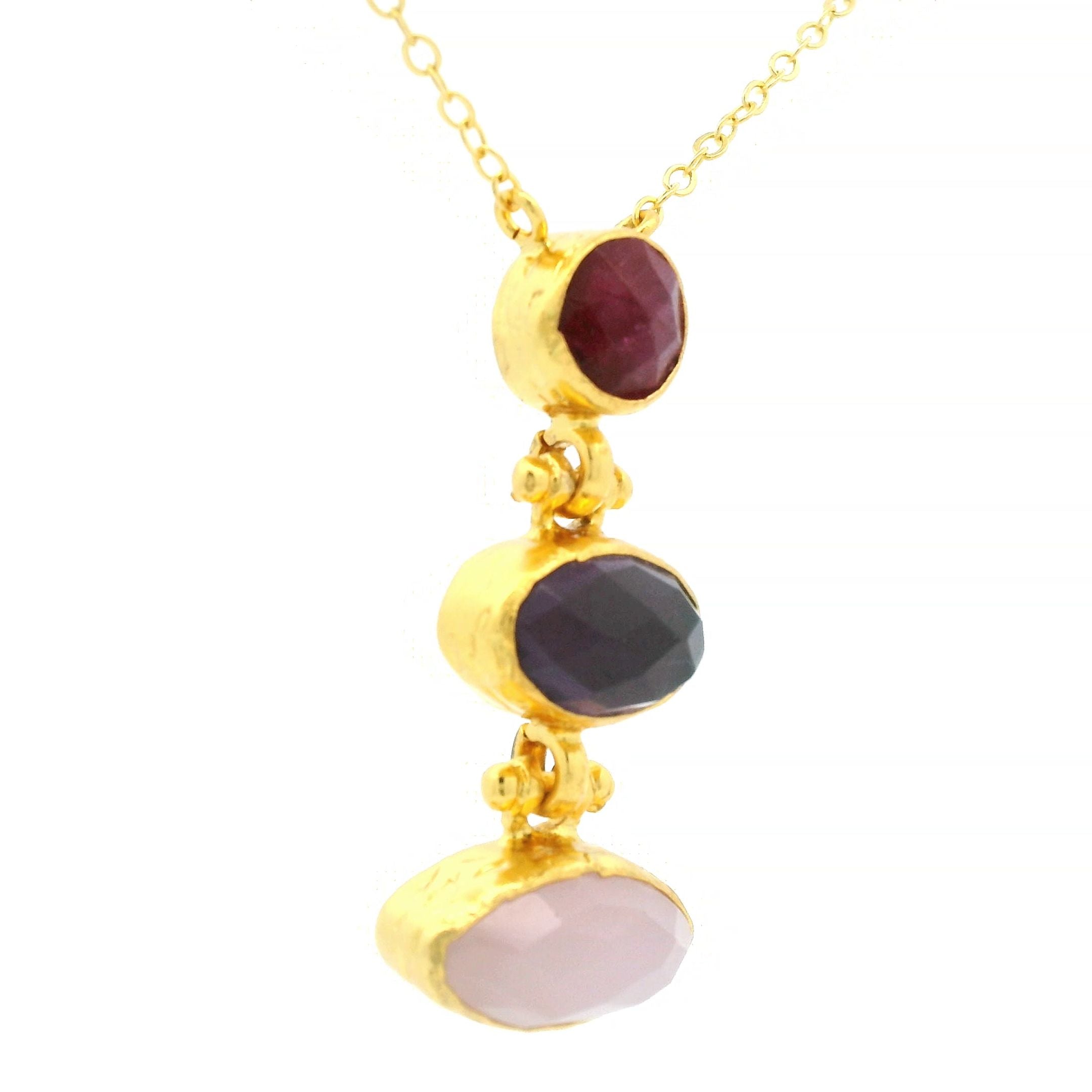 Kette Messing vergoldet, Rubin, Amethyst und Rosenquarz