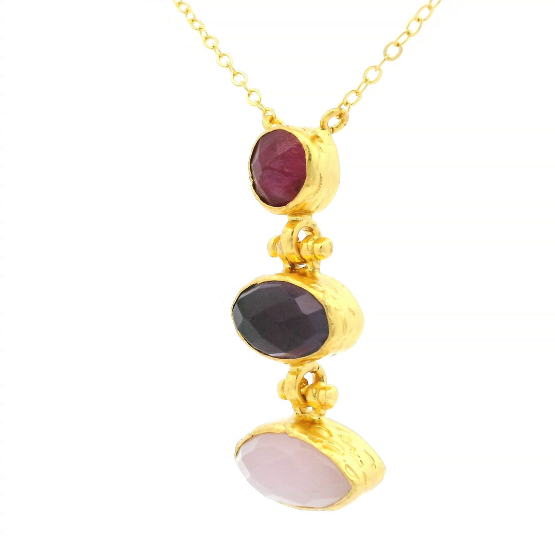 Kette Messing vergoldet, Rubin, Amethyst und  Rosenquarz