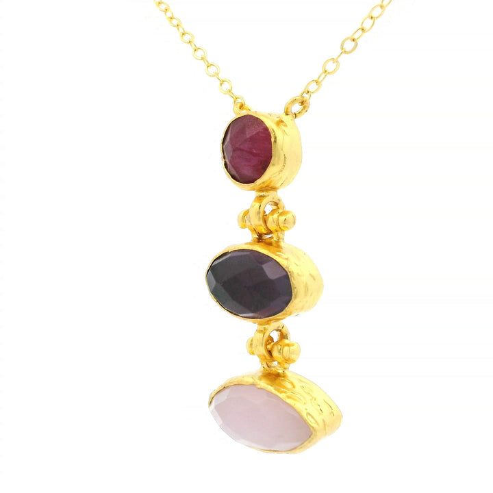 Kette Messing vergoldet, Rubin, Amethyst und  Rosenquarz