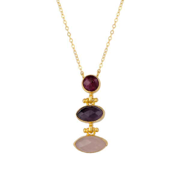 Kette Messing vergoldet, Rubin, Amethyst und Rosenquarz