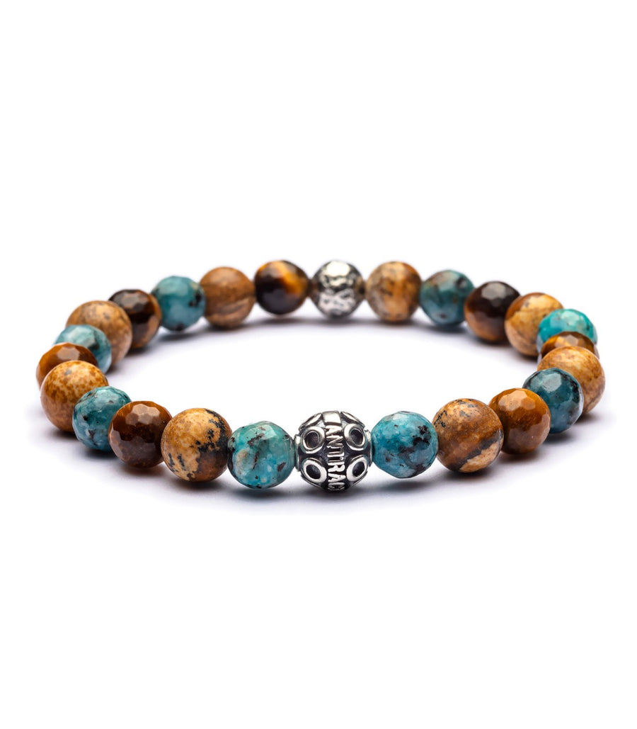 Perseo - Big Armband 8 mm Kugeln - 925er Silber Howlith, Tigerauge, Paesina Stei