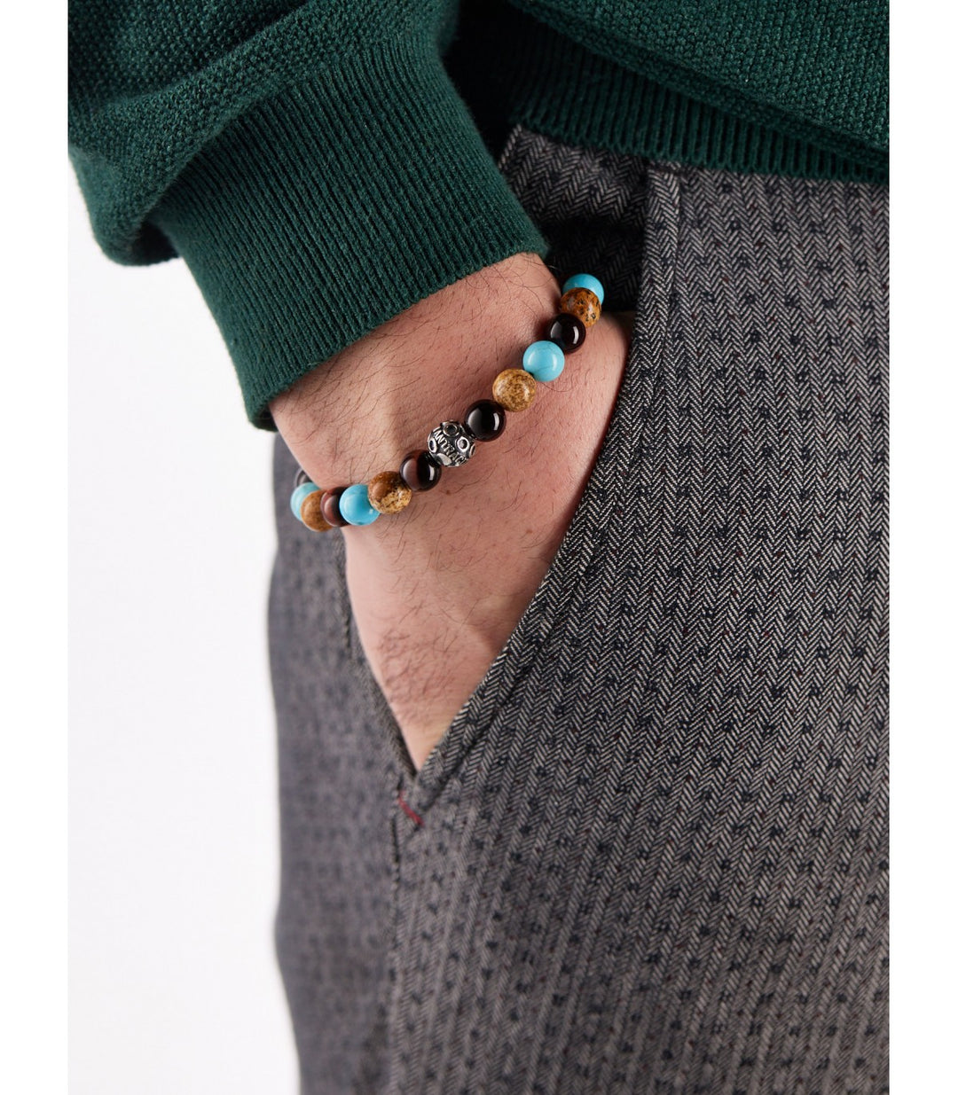 Perseo - Big Armband 8 mm Kugeln - 925er Silber Howlith, Tigerauge, Paesina Stei