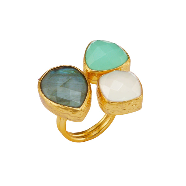 Ring Messing vergoldet Acquachalcedon, weier Ch. Labradorit