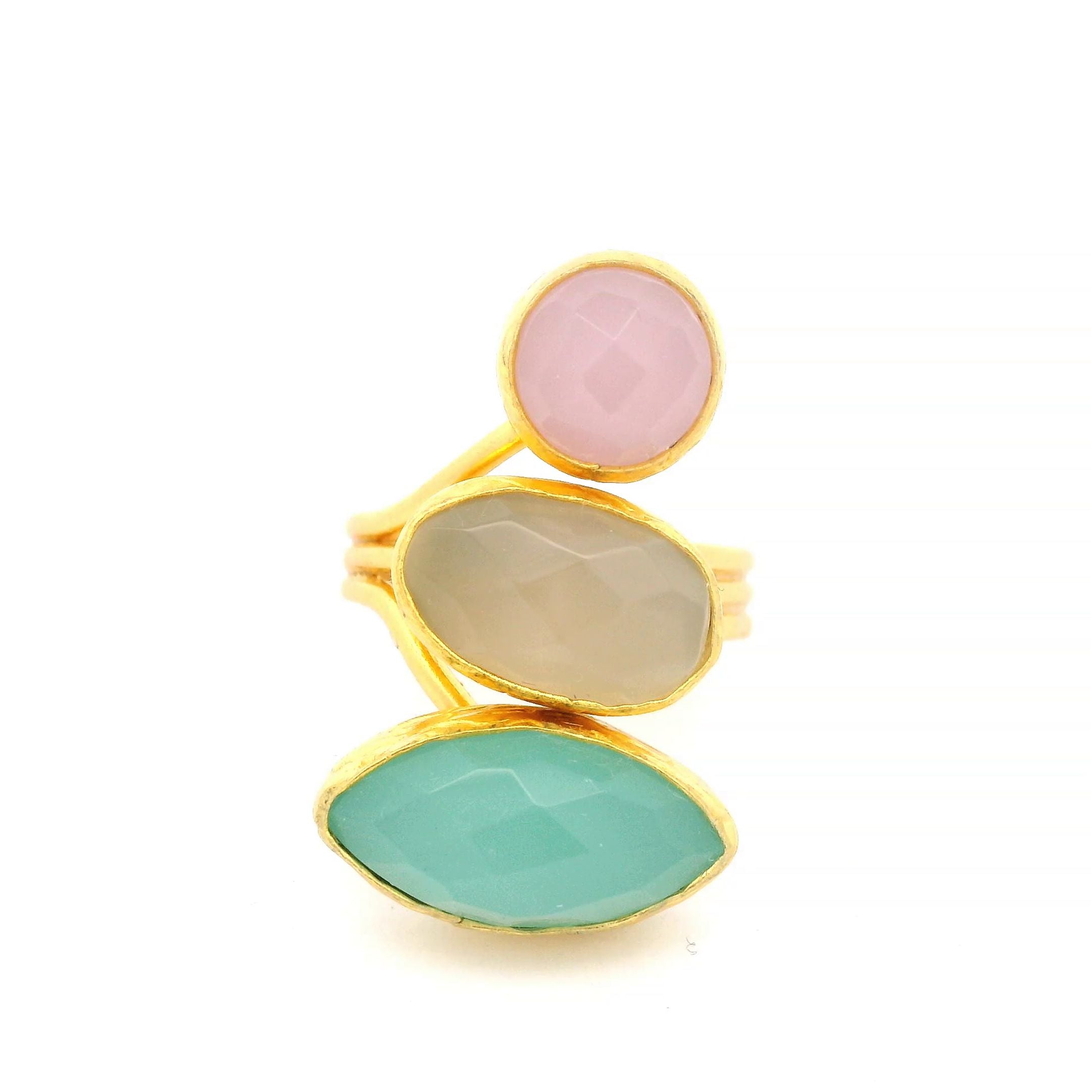Ring Messing vergoldet, Aquachalcedon, Rosenquarz und Chalcedon