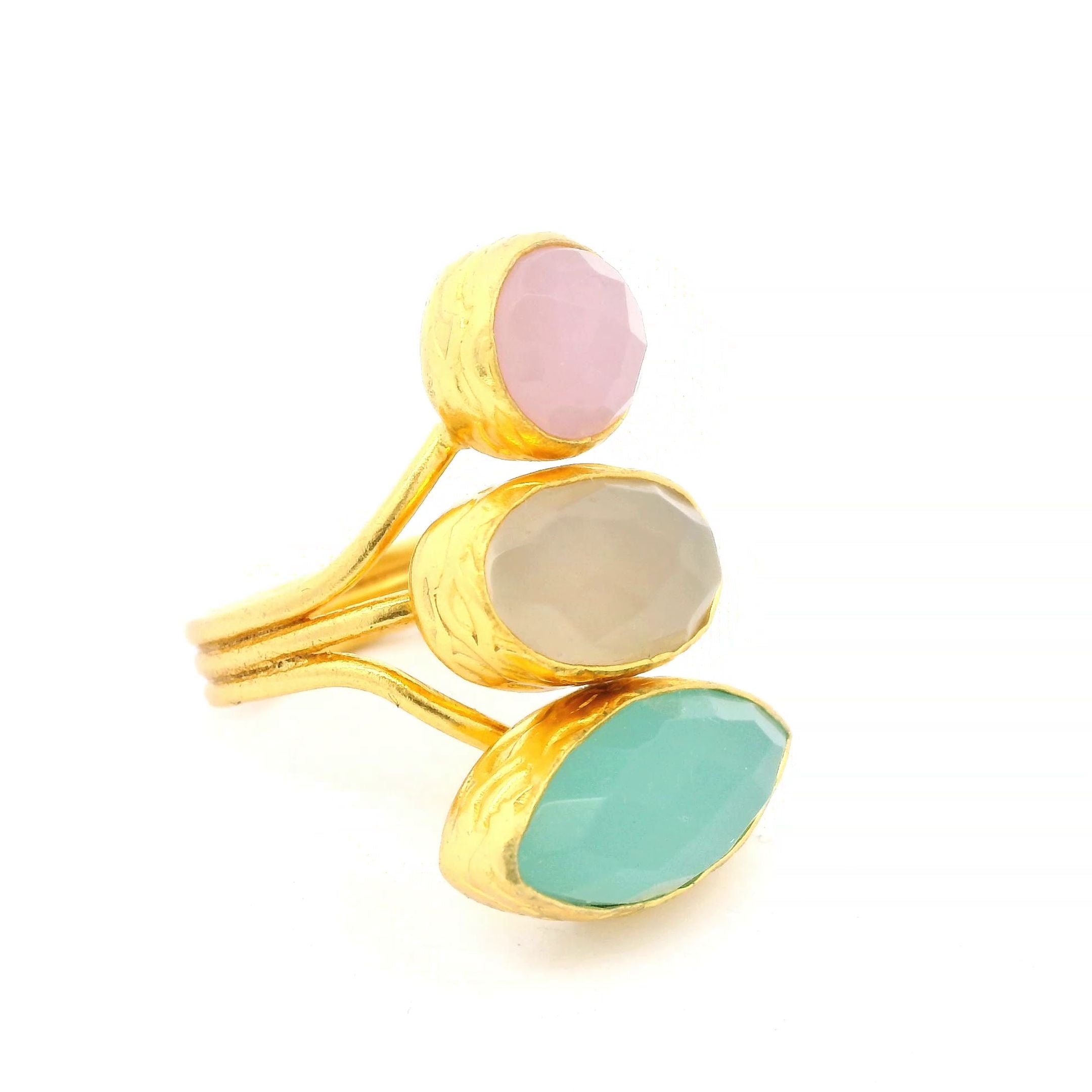 Ring Messing vergoldet, Aquachalcedon, Rosenquarz und Chalcedon