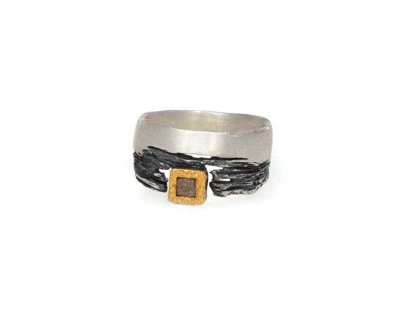 Ring Silber und Silber geschwärzt mit Rohdiamant - Gr. 57