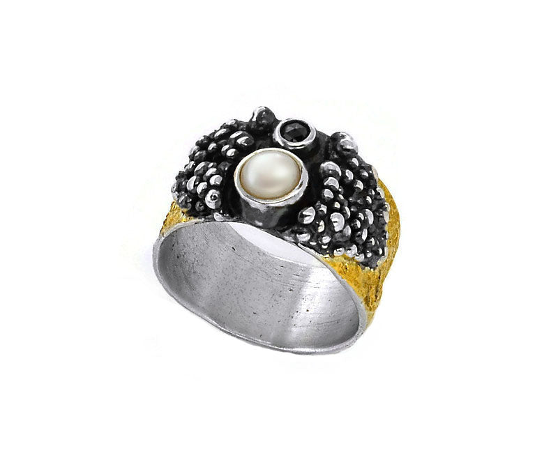 Ring Silber vergoldet mit schwarzem Diamanten und Suesswasserperle Gr. 58