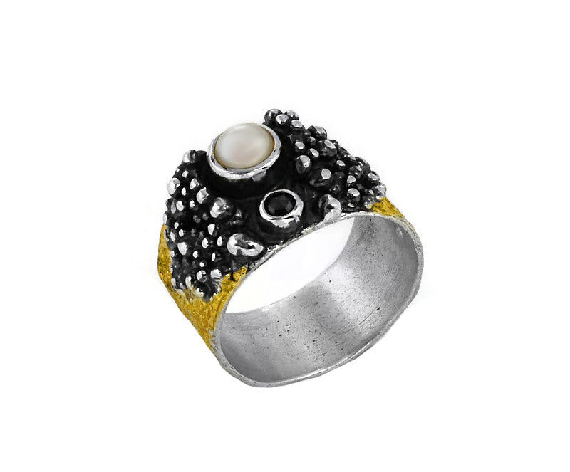 Ring Silber vergoldet mit schwarzem Diamanten und Suesswasserperle Gr. 58