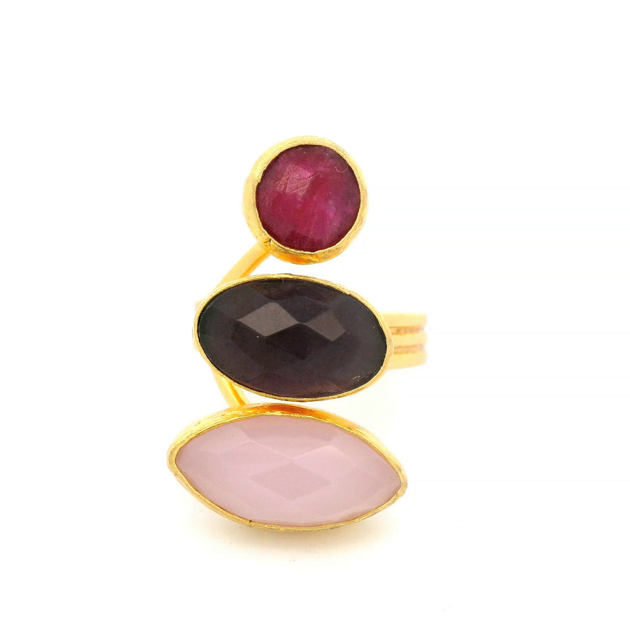 Ring Messing vergoldet, Rubin, Amethyst und Rosenquarz
