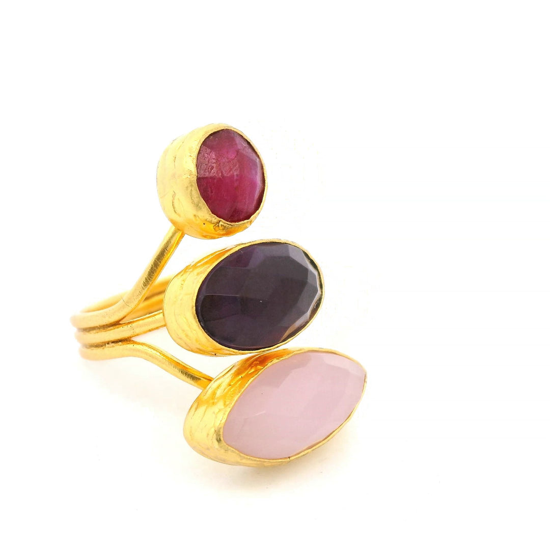 Ring Messing vergoldet, Rubin, Amethyst und Rosenquarz