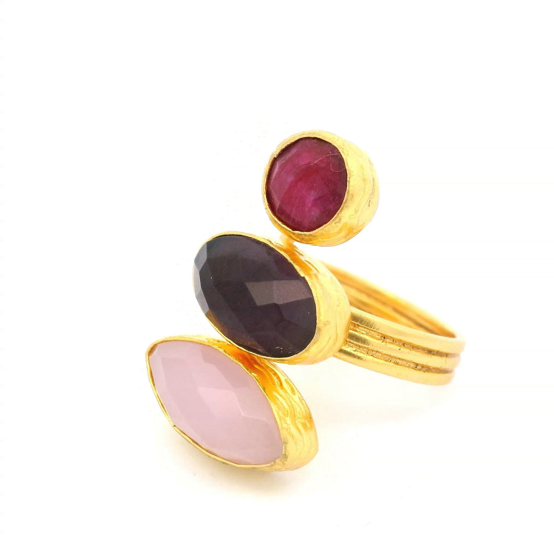 Ring Messing vergoldet, Rubin, Amethyst und Rosenquarz