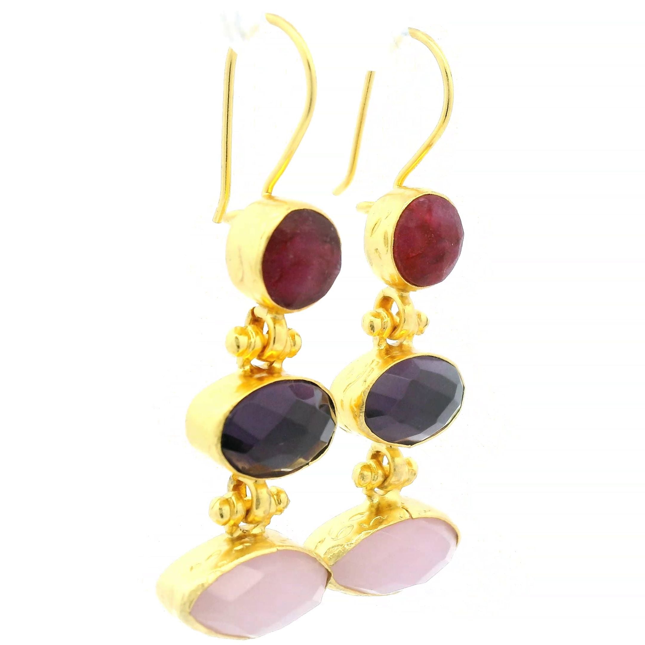 Ohrring aus Messing vergoldet, Rubin, Amethyst, Rosenquarz