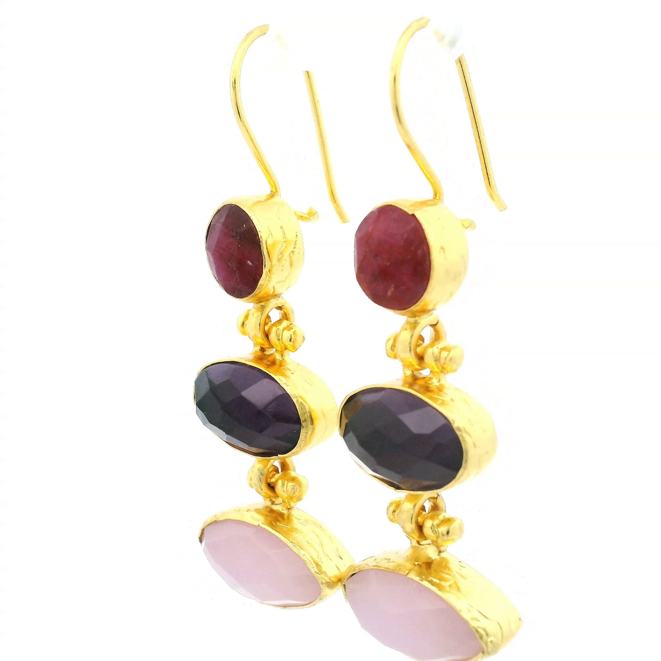 Ohrring aus Messing vergoldet, Rubin, Amethyst, Rosenquarz