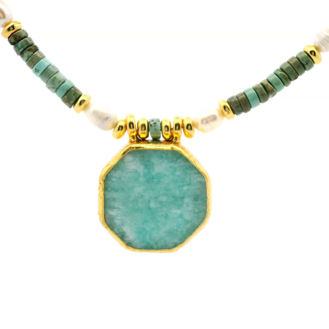 Kette aus Messing vergoldet, Chalcedon, Türkis und Suesswasserperle