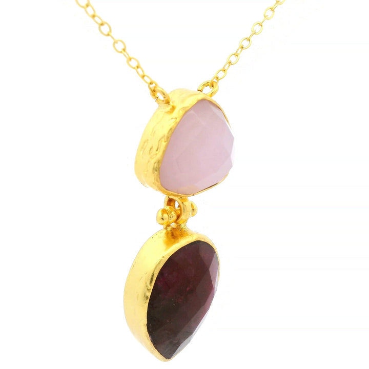 Kette aus Messing vergoldet, Rubin und Rosenquarz