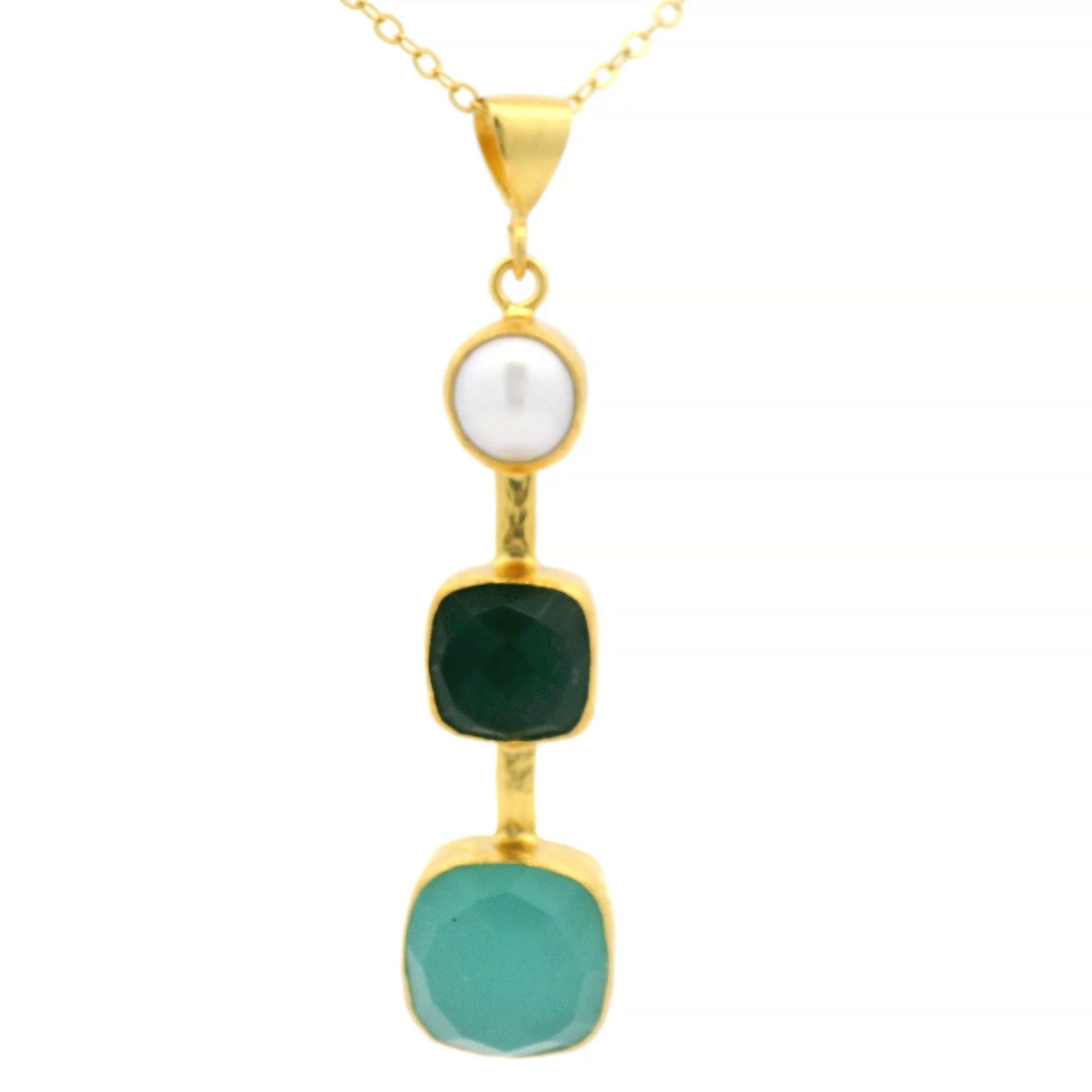 Kette Messing vergoldet, grüne Jade, Aquachalcedon und Süsswasserperle