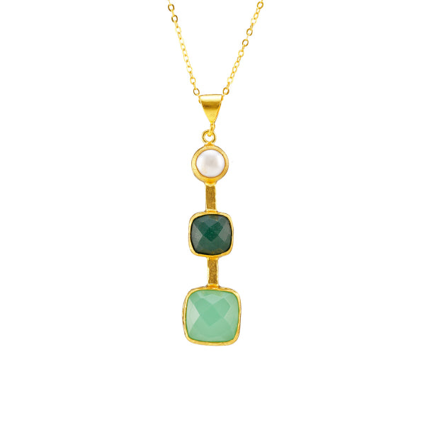 Kette Messing vergoldet, grüne Jade, Aquachalcedon und Süsswasserperle