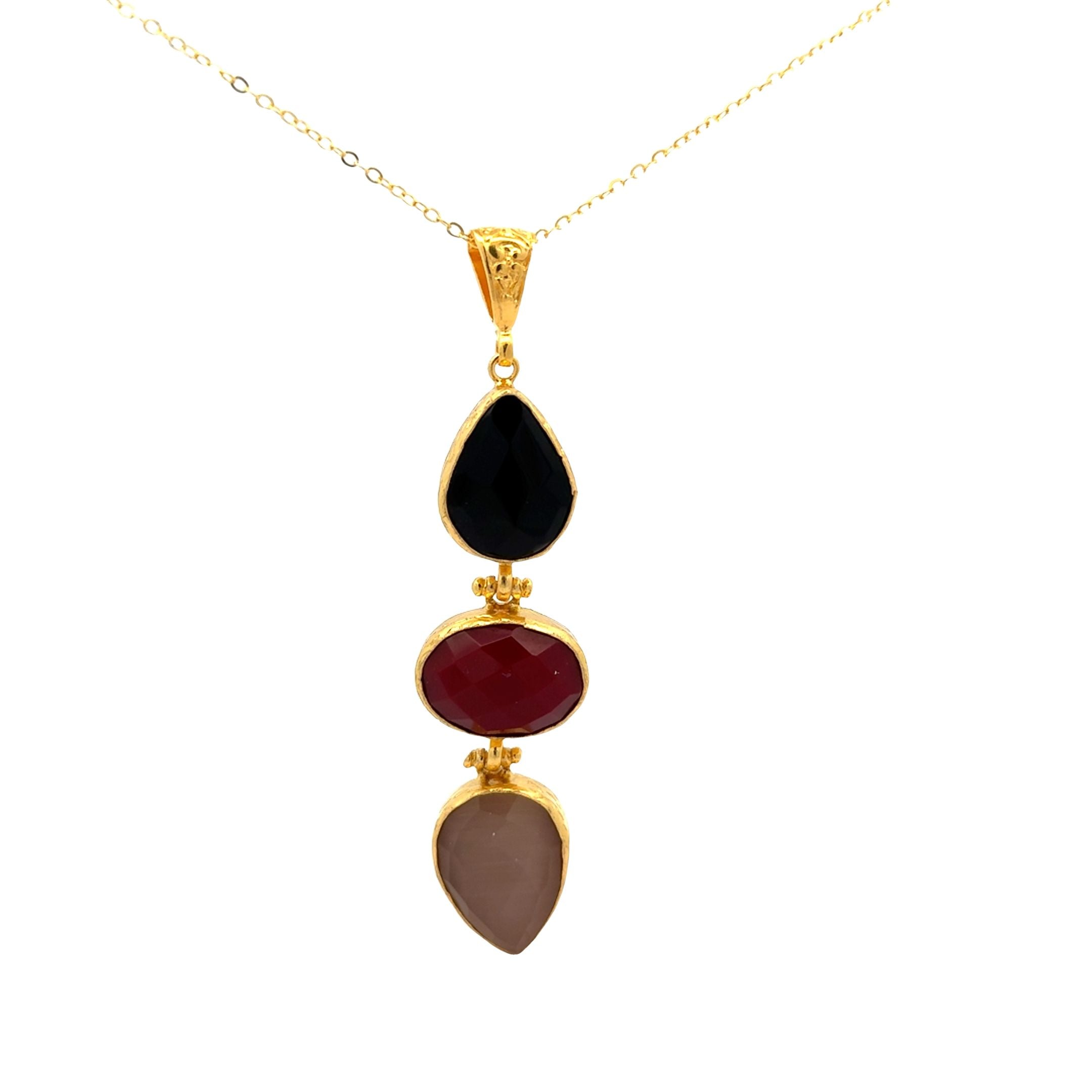 Kette aus Messing vergoldet, Rubin, Onyx und Rauchquarz