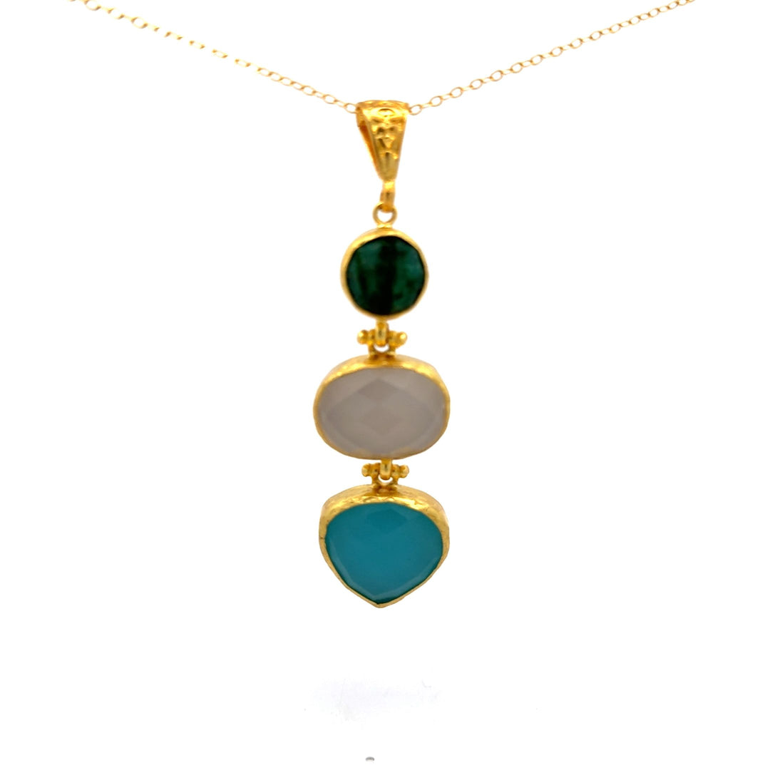 Kette aus Messing vergoldet, Aquachalcedon, Chalcedon, Smaragd