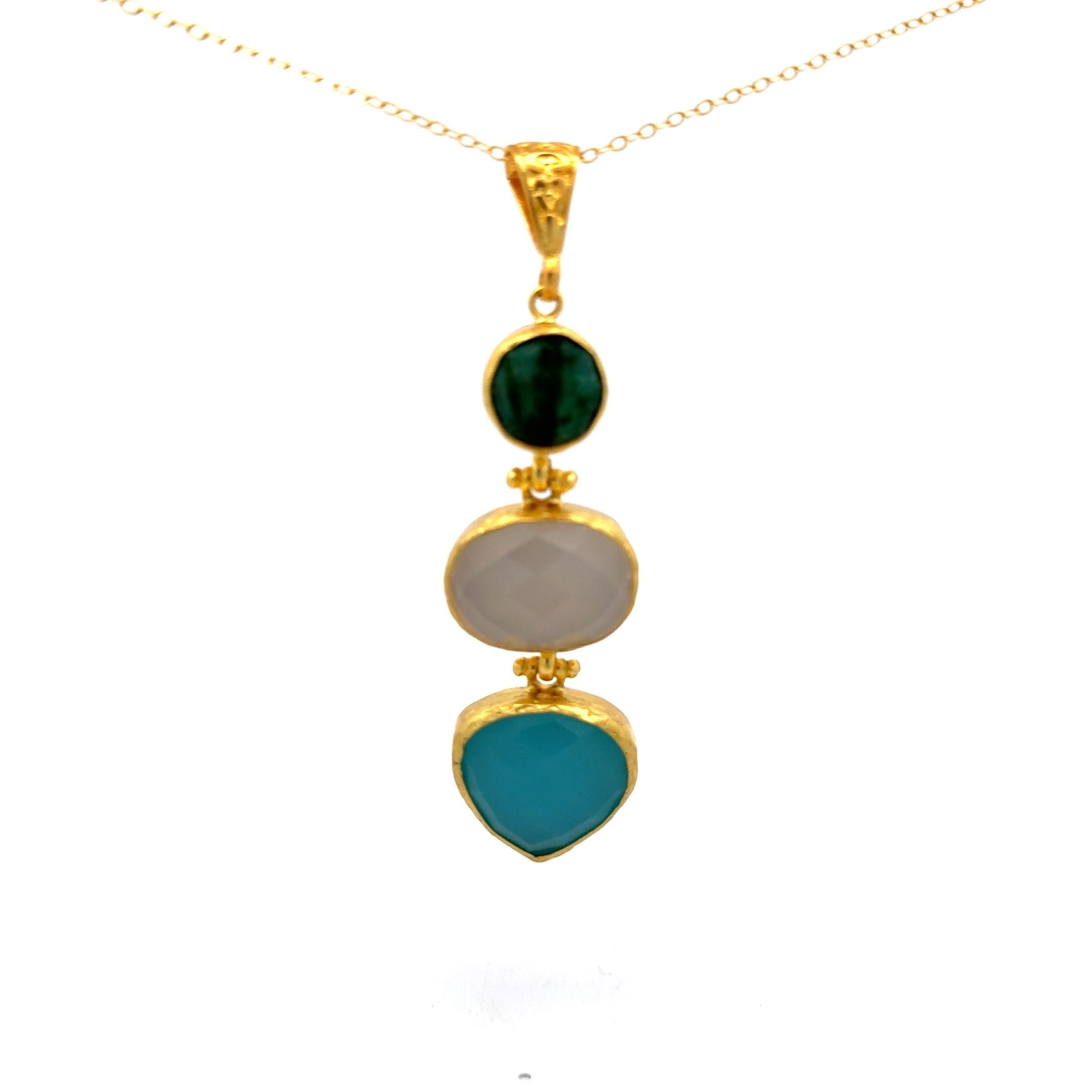 Kette aus Messing vergoldet, Aquachalcedon, Chalcedon, Smaragd