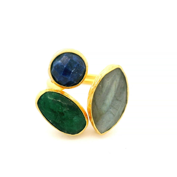 Ring Messing vergoldet, Labradorit, Smaragd, Lapislazuli
