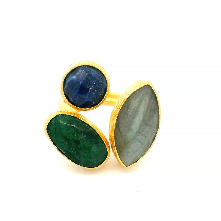 Ring Messing vergoldet, Labradorit, Smaragd, Lapislazuli
