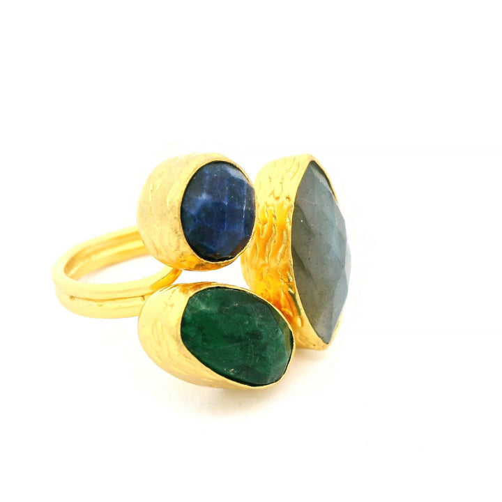Ring Messing vergoldet, Labradorit, Smaragd, Lapislazuli
