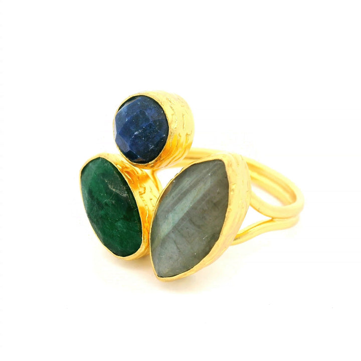 Ring Messing vergoldet, Labradorit, Smaragd, Lapislazuli