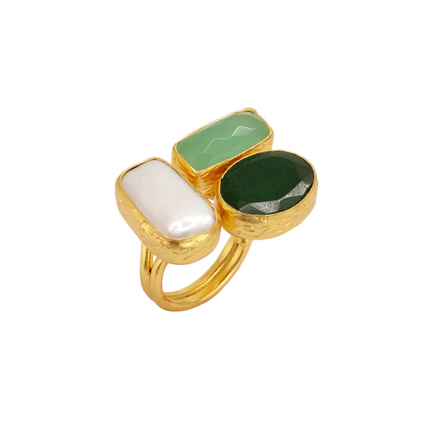 Ring Messing vergoldet Aquachalcedon Barockperle und grüne Jade