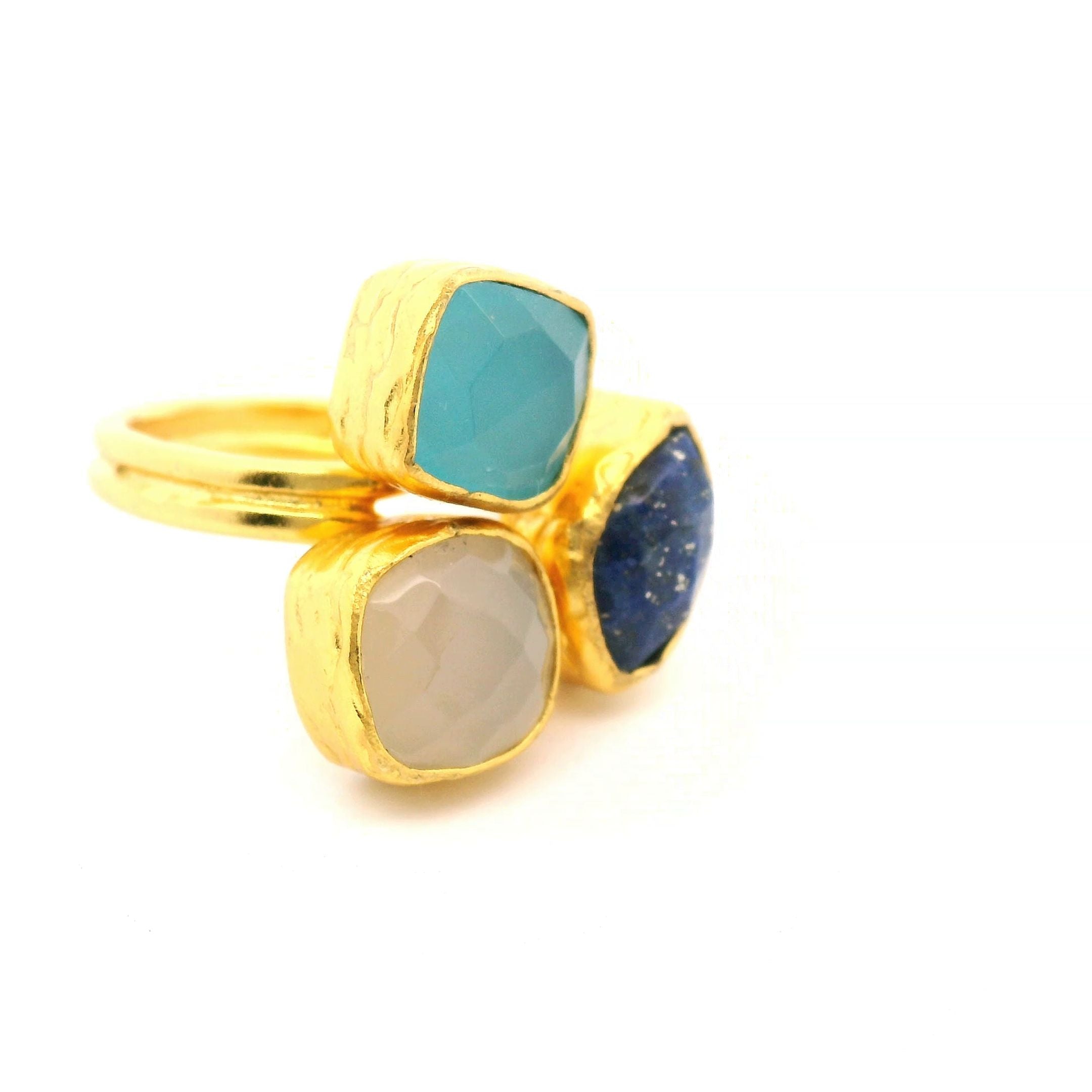 Ring Messing vergoldet, Aquachalcedon, Chalcedon und Lapislazuli