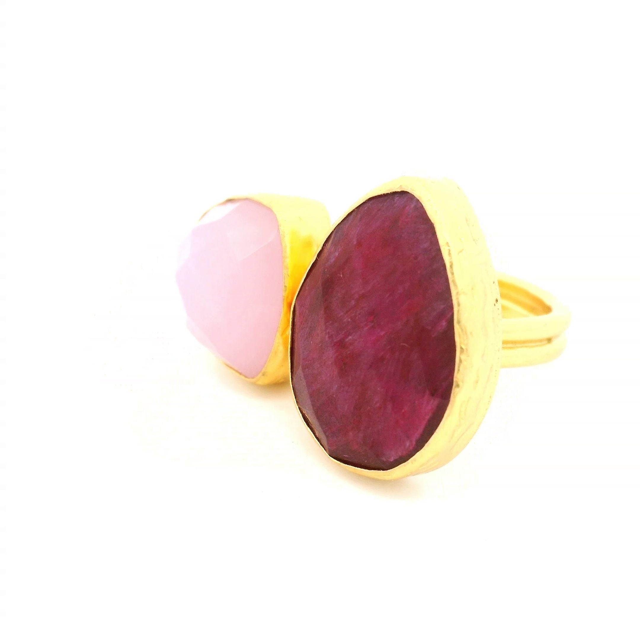 Ring Messing vergoldet, Rubin und Rosenquarz