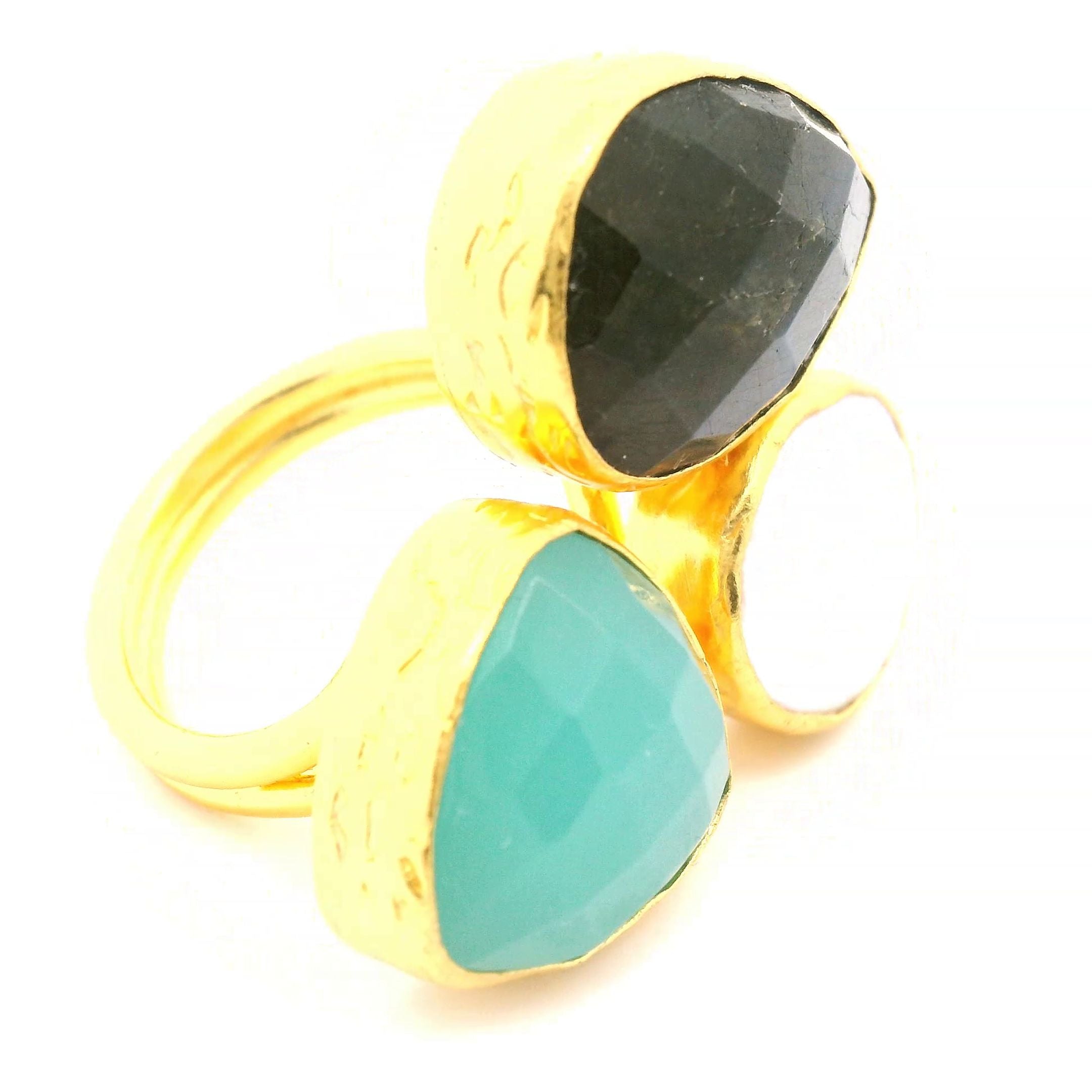 Ring Messing vergoldet, Aquachalcedon, Barockperle und Labradorit