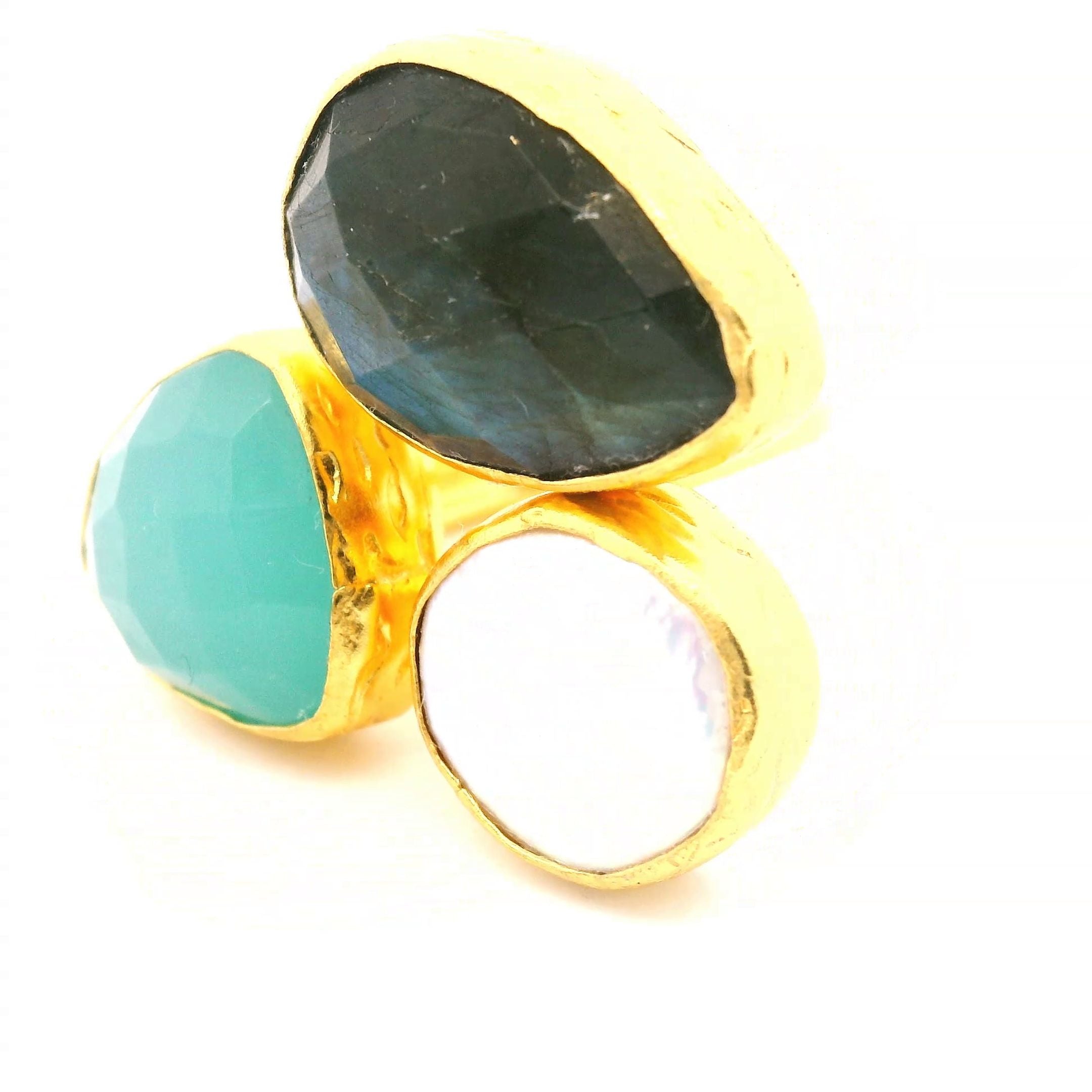 Ring Messing vergoldet, Aquachalcedon, Barockperle und Labradorit