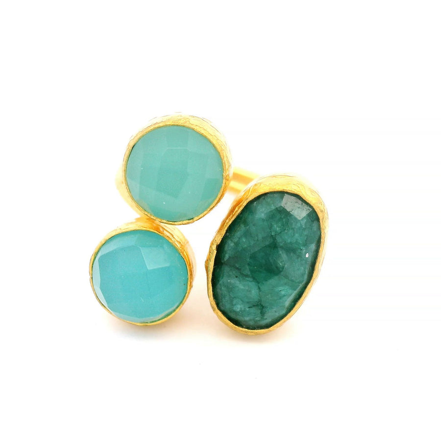 Ring Messing vergoldet, Smaragd, blauer Chalcedon, Aquachalcedon