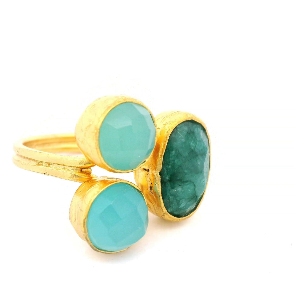 Ring Messing vergoldet, Smaragd, blauer Chalcedon, Aquachalcedon