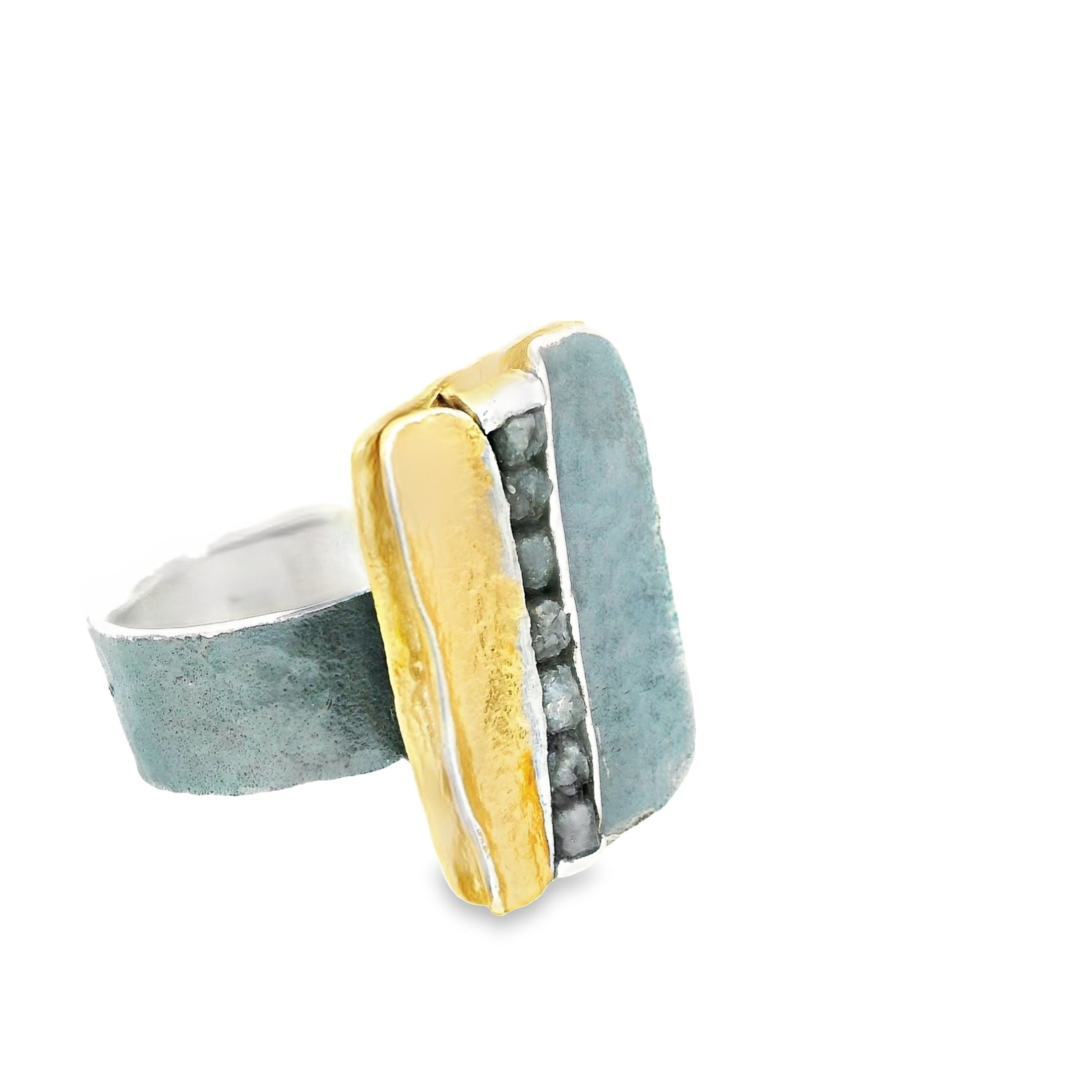 Silber vergoldeter und geschwärzter Ring mit sieben Rohdiamanten, Gr. 58