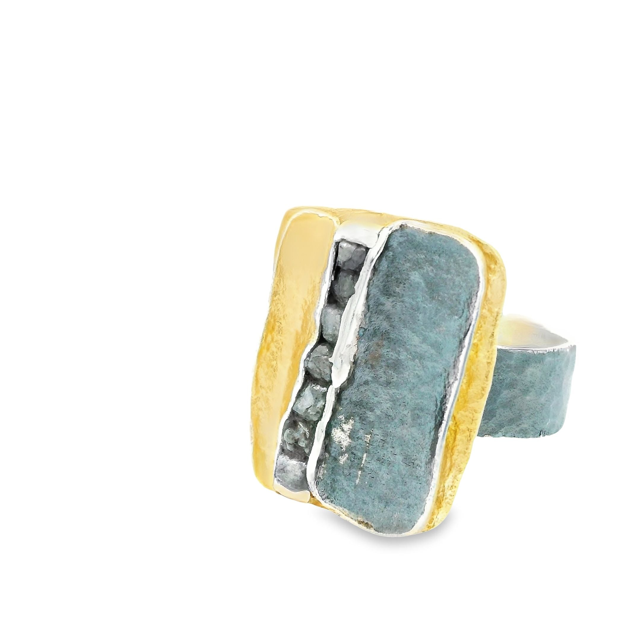 Silber vergoldeter und geschwärzter Ring mit sieben Rohdiamanten, Gr. 58