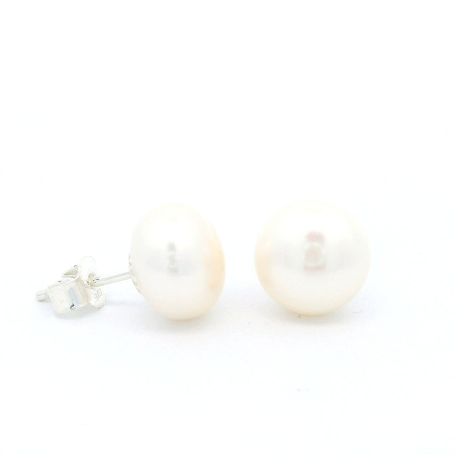 Süsswasserperle Button und Silber Stecker, 9 bis 10 mm - AAAA Qualität