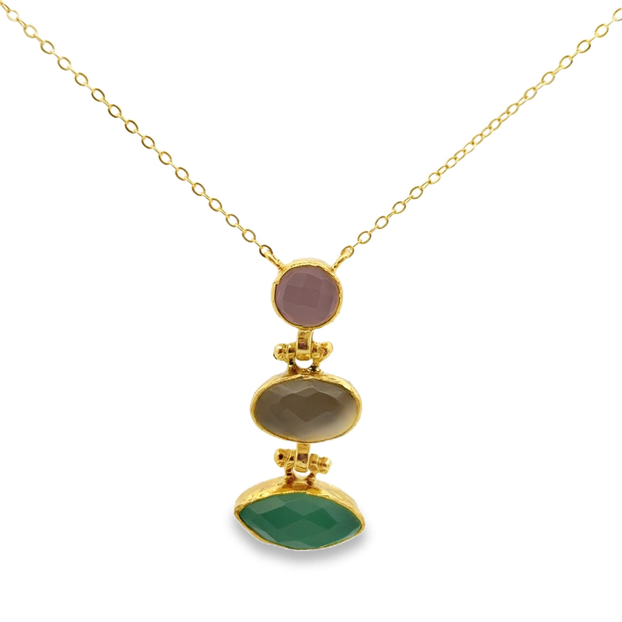 Kette Messing vergoldet, Aquachalcedon, Chalcedon und Rosenquarz